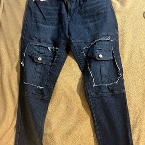 Distressed Dark Blue Cargo Jeans